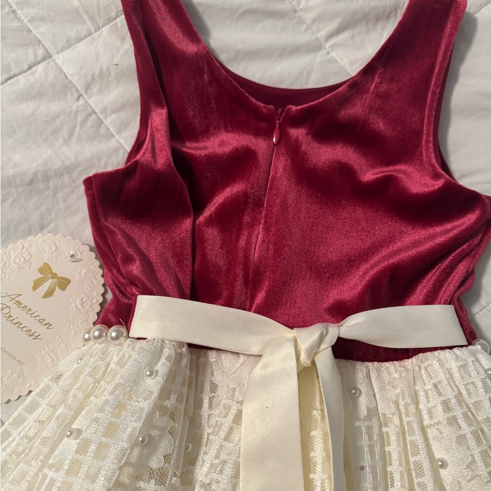 American Princess Burgundy and Cream Dress with Bow